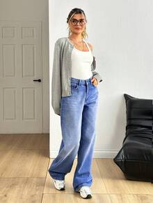 EURMUSE Women's High Waist Pocketed Wide Leg Loose Casual Versatile Jeans Jeans Wide Leg Oversized Jeans Loose Jeans Jean Outfit Baggy Jeans Baggy Jeans Y2k - Dark Wash - View 3