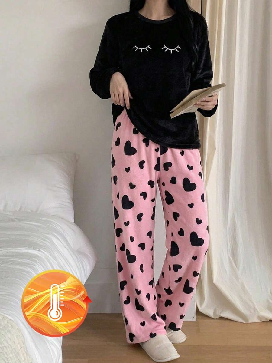 两件套女童毛绒睡衣，睫毛刺绣和爱心印花长裤，舒适面料，适合日常穿着，秋冬季 - 彩色 - 查看 1