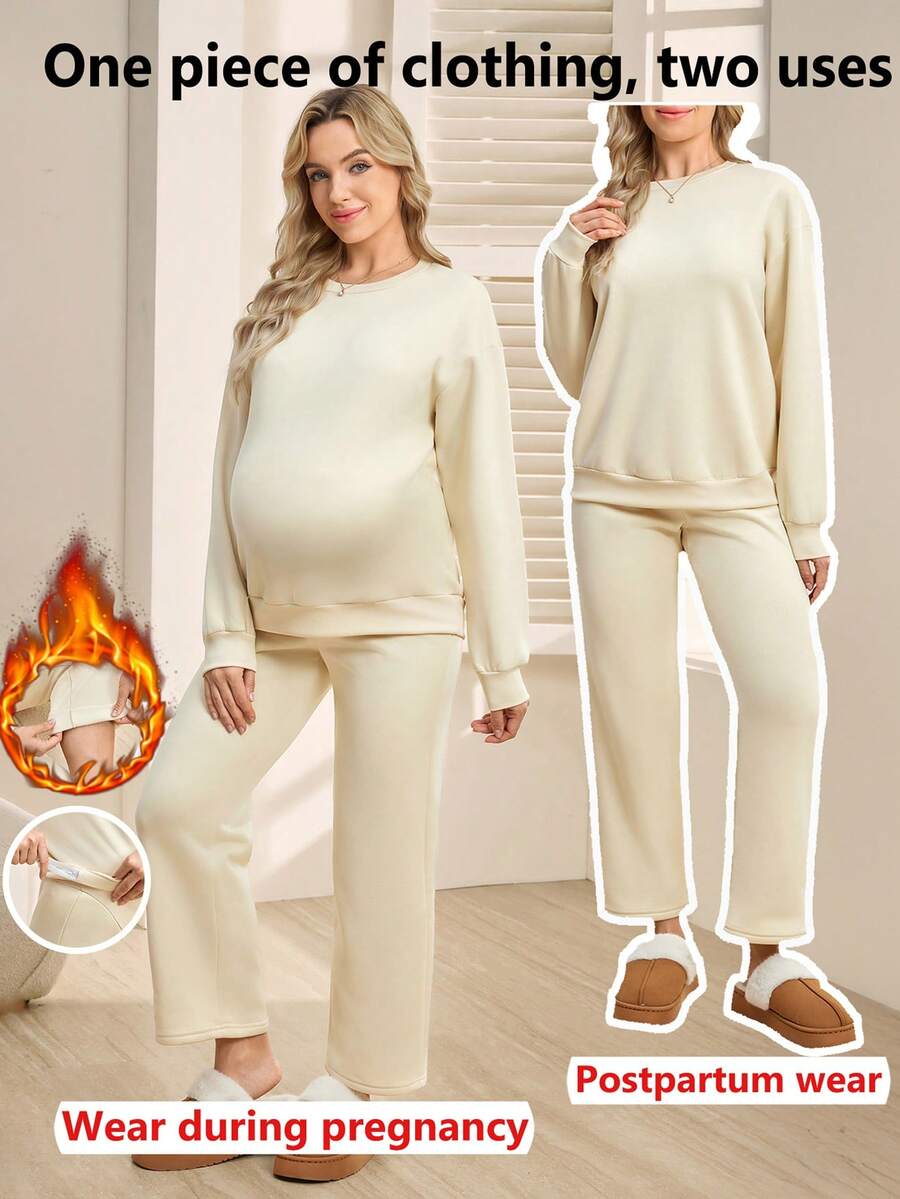 SHEIN Umstandsmode Langarm-Oberteil und Hosen Set, helle Farbe, Herbst/Winter - Aprikosenfarben - Übersicht 1