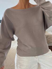 DAZY 女士纯色修身船领半袖休闲优雅针织上衣，秋冬款 - 巧克力棕 - 查看 3