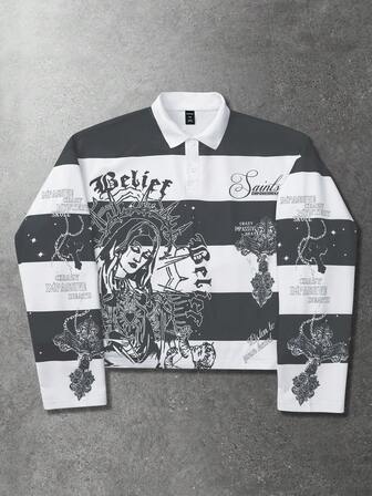 Street Life Men's Retro Virgin Mary Striped English Graphic Print Street Style Pullover Pullover Sweatshirt