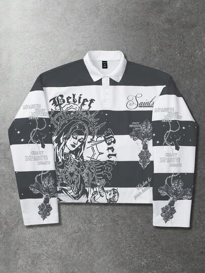 Street Life Felpa da uomo stile retrò con stampa grafica della Vergine Maria e righe, in stile street