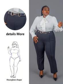 CurvyTilda 优雅、通勤、聚会、约会修身纯黑色金属装饰纽扣长直筒裤女式大码长裤春秋 - 黑色 - 查看 1