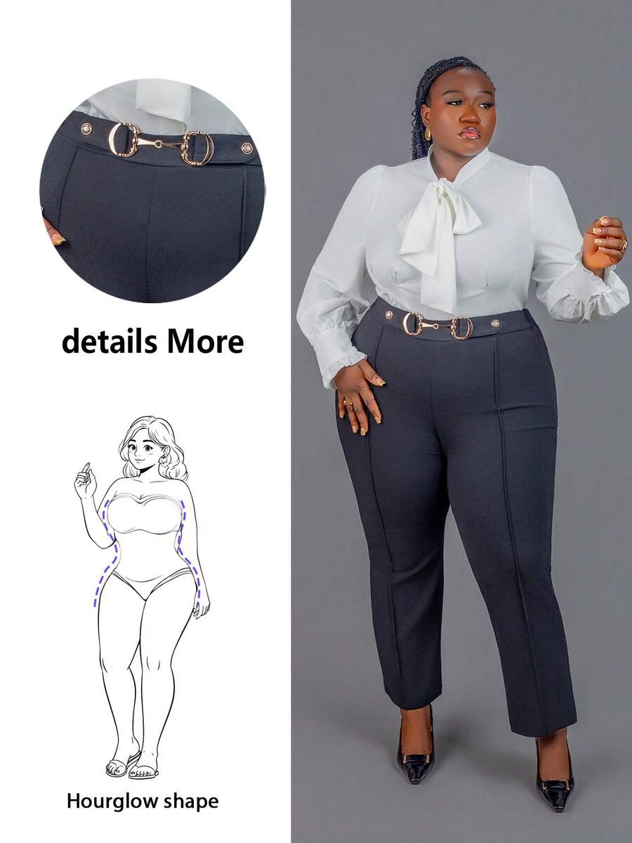 CurvyTilda 优雅、通勤、聚会、约会修身纯黑色金属装饰纽扣长直筒裤女式大码长裤春秋 - 黑色 - 查看 1