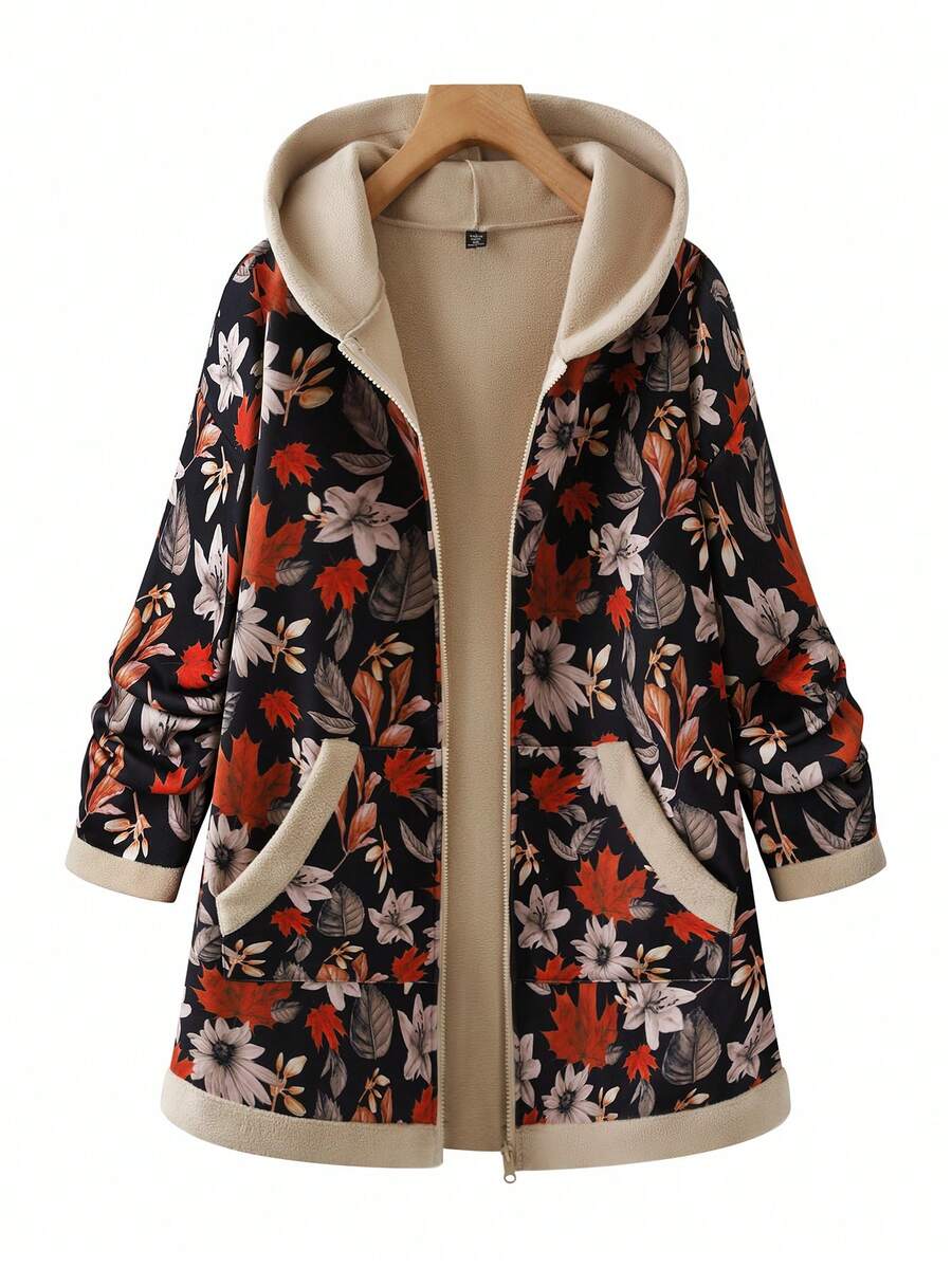 Linhara Áo khoác nữ cỡ lớn dáng rộng in họa tiết, có mũ, giữ ấm, lót lông. - màu đen - Xem 1