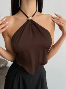 Aloruh Women's Asymmetrical Hem Halter Neck Tank Top - Coffee Brown - View 4