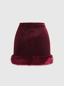 ROMWE Vintage Gothic Castle Cross Embroidered Velvet Bodycon Fluffy Mini Skirt - Burgundy - View 4