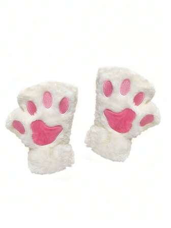 Kawaii Guantes sin dedos con bordado de pata de gato de dibujos animados, guantes cálidos y esponjosos de medio dedo para cosplay, uso casual al aire libre en otoño/invierno