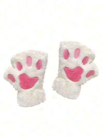 Kawaii Cute Cartoon Cat Paw Embroidered Fingerless Gloves, Warm Plush Half Finger Gloves For Cosplay, Casual Outdoor Use In Autumn/Winter
