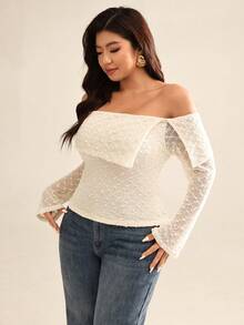 Auralis 大码女士优雅纯色翻领露肩上衣，春季女装 - 杏色 - 查看 4