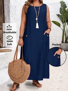 EMERY ROSE Plus Size Solid Color Round Neck Sleeveless Loose Dress With Pockets/Summer/Spring/Vacation - Navy Blue - View 1