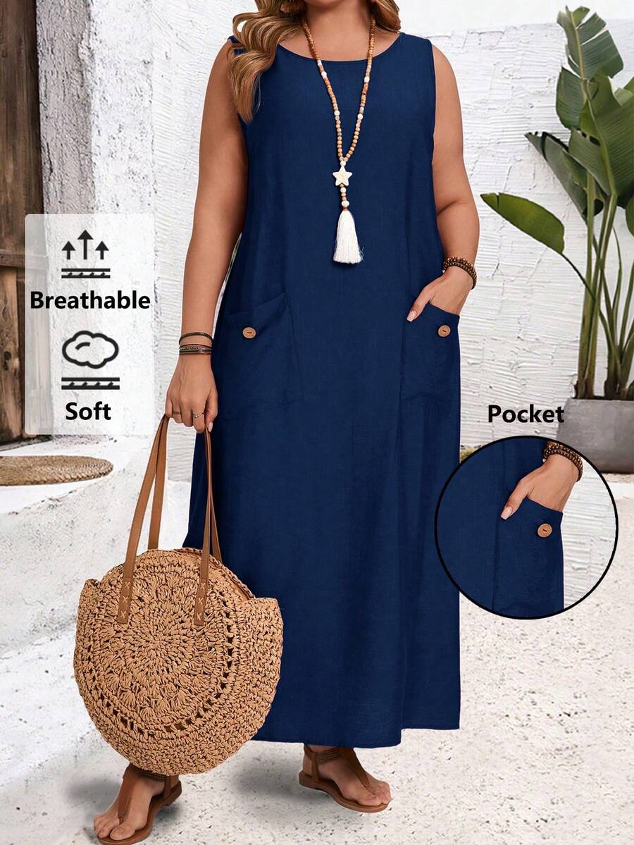 EMERY ROSE Plus Size Solid Color Round Neck Sleeveless Loose Dress With Pockets/Summer/Spring/Vacation - Navy Blue - View 1