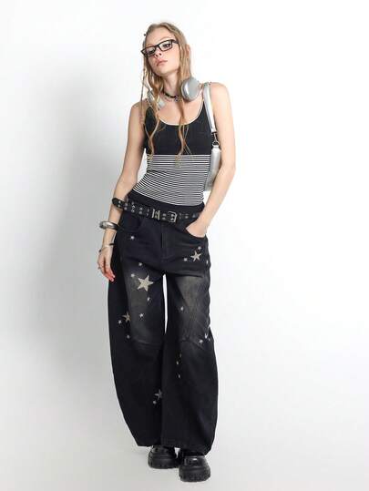 Bloopia 女士休闲宽松五角星印花口袋裤