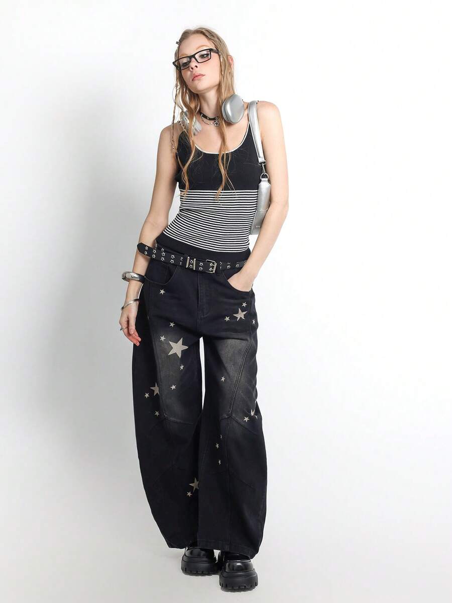 Bloopia Women's Casual Loose Fit Pentagram Print Pocket Pants - Black - View 1