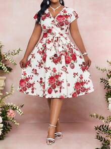 Fleurora Plus Size Women Floral Print Batwing Sleeve Elegant Fashion Dress - Multicolor - View 4