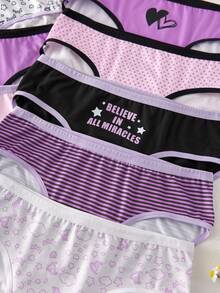 10pcs Girls Heart, Tween Girls Panties-Assorted Prints Low Rise Briefs Elastic Waistband Snug Fit No Ride Up Purple Black White Pink All Season 2026 New Year Essential Versatile And Comfortable Warm And Cute Style - Multicolor - View 3