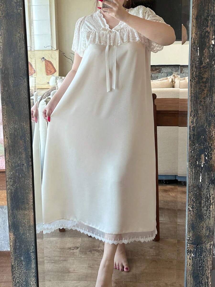 Dazy Plus Satin Contrast Lace Elegant V-Neck Sexy Bow Tie Short Sleeve Fitted Sleepwear Nightgown - Apricot - View 1