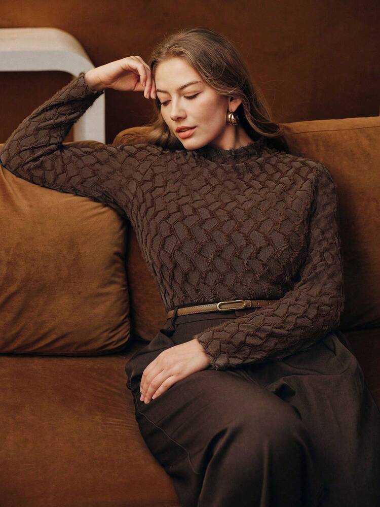 Camiseta interior de cuello alto con encaje floreado elegante para mujer, top de alta gama de talla grande para otoño/invierno