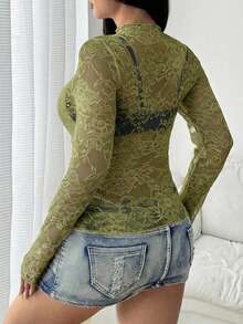 SHEIN Tall 大码女式性感透视蕾丝长袖圆领休闲修身高弹力上衣，春秋季 - 橄欖綠 - 查看 2