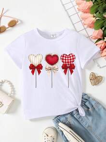 SHEIN Áo thun ngắn tay in hình trái tim cho bé gái, áo trắng in hình trái tim và kẹo mút sáng tạo, kiểu áo đa năng cho mùa xuân/hè. - trắng - Xem 4