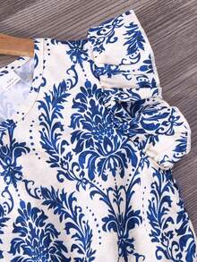 两件套女童休闲度假印花圆领短袖T恤，后背镂空设计，搭配松紧腰阔腿裤 - 藍色 - 查看 5