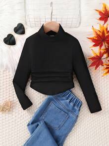 SHEIN Áo thun dệt kim cổ bẻ màu trơn cho bé gái, thích hợp mặc thường ngày, mặc đi học vào mùa thu đông, phù hợp cho mẹ và bé. Dùng cho dịp Giáng sinh. - màu đen - Xem 2