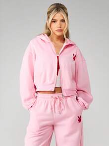 Missguided x Playboy Áo hoodie dáng rộng, khóa kéo, điểm nhấn là họa tiết trái tim và logo thỏ, thích hợp cho phong cách thời trang đường phố thường ngày. - Hồng - Xem 8