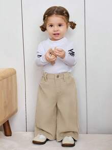 SHEIN Baby Girl Khaki Pocket Wide Leg Loose Casual Jeans - Khaki - View 3