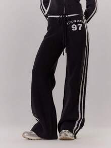 MUSERA 阔腿侧条纹针织慢跑裤，适合冬季夜间外出、街头风、可爱返校季、性感无痕晚宴派对以及优雅春季穿着。 - 黑色 - 查看 3