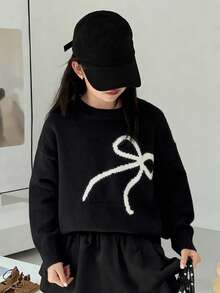 Dazy Kids 少女圆领蝴蝶结装饰长袖毛衣，秋冬季 - 黑色 - 查看 3
