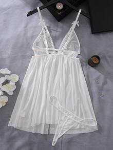 Romantic Lace Patchwork 2pcs Sexy Lingerie Dress Set Underwear Outer For Going Out - White - View 2