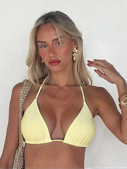 Bonvoyette Women's Solid Color Halter Tie Bikini Top, Suitable For Summer Beach Push Up Bikini Top Yellow Bathing Suit Push Up Bathing Suit Top Yellow Bikini Top Triangle Bikini Tops Yellow Bathing Suit Set