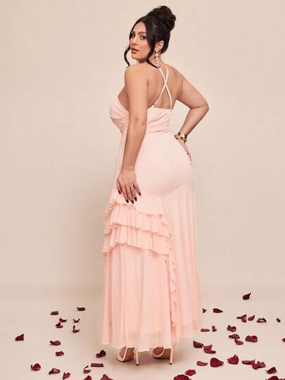 SHEIN BAE 大码女士优雅鸡尾酒会度假简约纯色扭结胸部层叠荷叶边吊带连衣裙，夏季