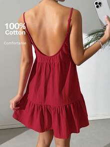 SHEIN EZwear 女士纯色细肩带褶皱简约短款休闲连衣裙 - 玫瑰紅 - 查看 7