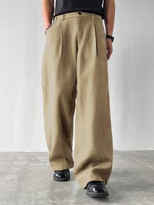 Manfinity Hypemode Casual Pocketed Wide Leg Thick Pants For Men, Autumn - Khaki - View 3