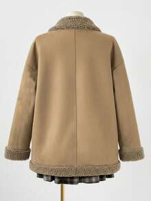 Sweetra 大码新款优雅小鹿图案保暖双面长袖短外套，加厚双面穿，中长款，冬季保暖外套 - 卡其色 - 查看 2