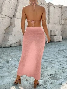 Breezaya 2pcs/Set Baju Rajut Kasual Musim Panas Model Halter Berongga Warna Polos untuk Liburan - Berwarna merah muda - View 2