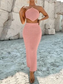 Breezaya 2pcs/Set Baju Rajut Kasual Musim Panas Model Halter Berongga Warna Polos untuk Liburan - Berwarna merah muda - View 3
