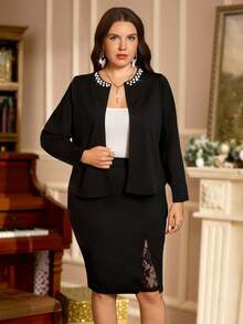 EMERY ROSE 2pcs Plus Size Women Winter Elegant Party  Long Sleeve Black Casual Pearl Decor Black Jacket Coat And Lace Patchwork Skirt 2 Pieces Set, Autumn/Winter,New Year Set ,Plus Size Winter Clothes, Christmas Outfit For Women , Plus Size Women Clothes 2 Piece,Going Out Outfits,2025 New Clothes,Simple And Fashionable For Everyday Wear, Suitable For Multiple Occasions,Christmas,Women's Formal Wear ,Christmas,Christmas,New Year,Thanksgiving,Date Night Outfits Women Set,Skirt Suit