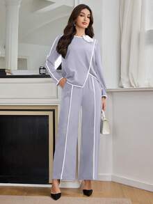 Modelyn 2件套女士撞色滚边3D花卉装饰简约上衣和裤子套装 - 淡紫色 - 查看 6