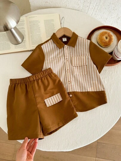 SHEIN 2pcs Kids Boys Casual Everyday Comfortable Contrast Color Lapel Open Front Loose Short Sleeve Shirt & Solid Shorts Set