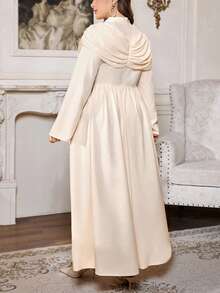 Firerie Plus Size Women's Solid Color Pleated Collar Long Sleeve Elegant Dress Dress Modest Long Cream Dress Beige Dress For Women - Apricot - View 2