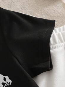 Playful Pals 两件套男婴休闲简约白色圆领短袖上衣和黑色长裤套装，适合户外运动和跑步 - 黑與白 - 查看 9