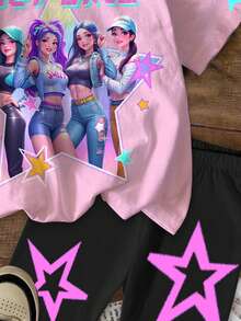 SHEIN 2件套少女休闲时尚彩色韩流女团字母星星印花圆领短袖T恤和短裤套装，适合度假、派对、日常穿着、演唱会等场合。 - 彩色 - 查看 6