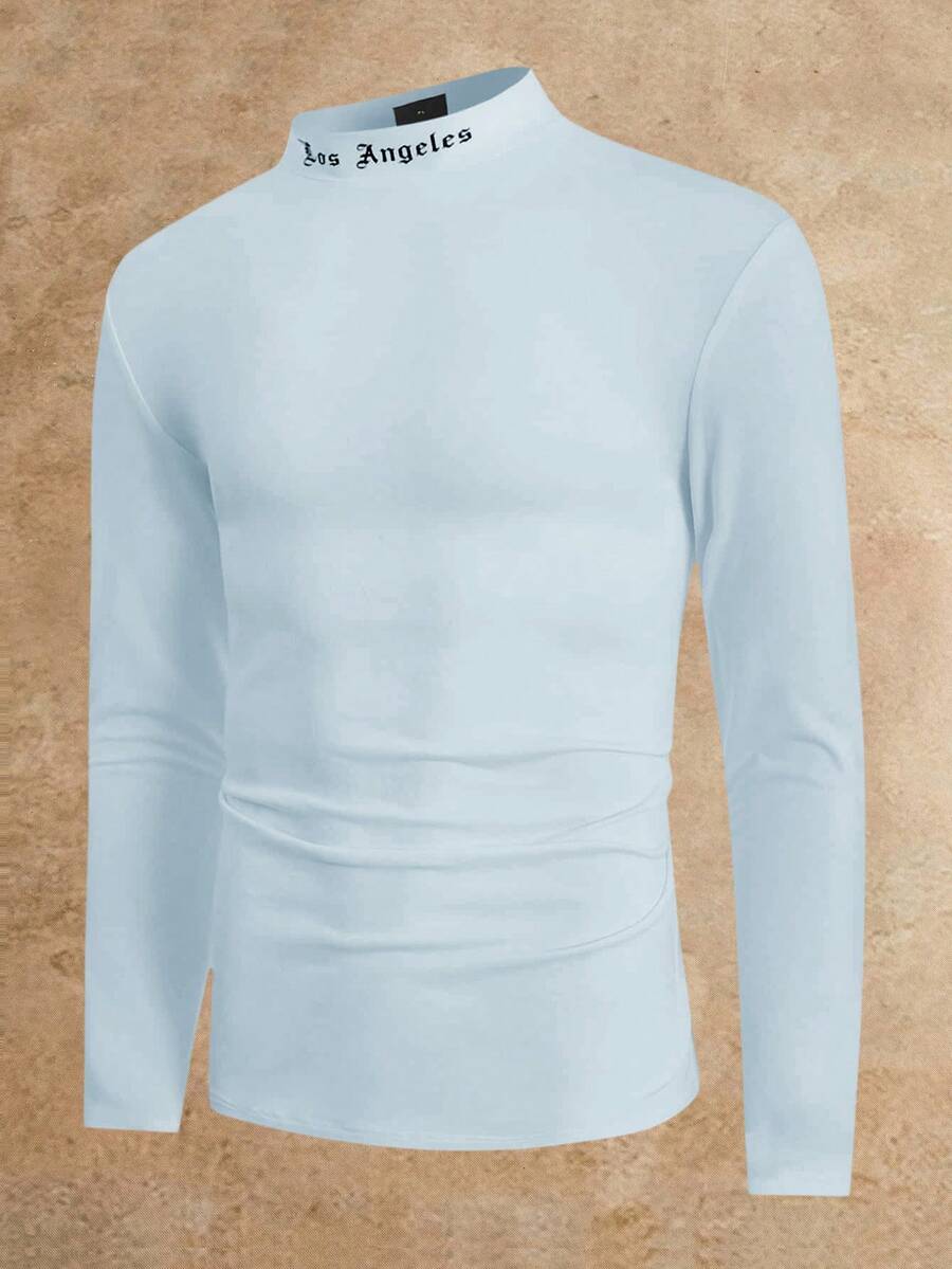 Manfinity RebelGame Men's Letter Print Slim Fit Casual Stand Collar Long Sleeve T-Shirt