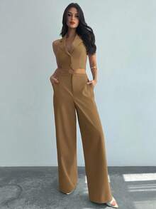 Firerie Women's Elegant Romantic Fashion Commuter Sexy Graceful Style Halter Backless Gray Blue 2-Piece Set, Suitable For Party, Beach Vacation, Back To School, Romantic Date, Wedding Season, Birthday, Easter, Spring/Summer Outfit - Khaki - View 3