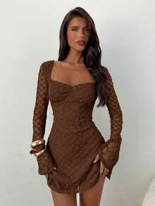 Aloruh Women's Elegant Square Neck Ruched Flare Sleeve Fitted A-Line Mini Dress, Textured Fabric Long Sleeve Elegant Dress