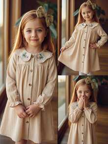 Emery Rose Kids Emery Rose Kids Apricot Peter Pan Collar Spring Summer Floral Embroidery Fashionable Doll Dres,Back To School Mommy And Me Girls Heart Print Shirt Tween Girls T Shirts White Top For Kids Cute Tops For Kids Long Sleeve Shirts Girls,Valentine's Day,Khaki - Multicolor - View 10