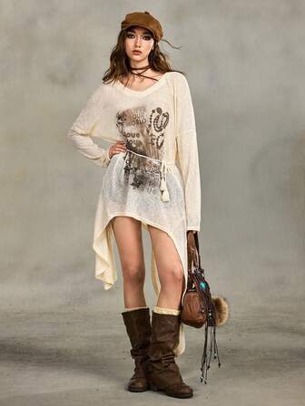 Grunge Punk Romantic Punk V-Neck Asymmetrical Hem Chain Pattern Women Loose Knit Long Sleeve Top With Belt