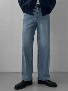 DAZY Quần jeans denim nam màu xanh dương trơn, kiểu dáng cổ điển, thích hợp cho mùa xuân/thu. - Màu xanh lam - Xem 1